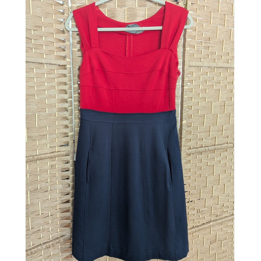 Anthropologie Girls from Savoy Dress Red Navy Colorblock Square Neck Sz 4 Mod